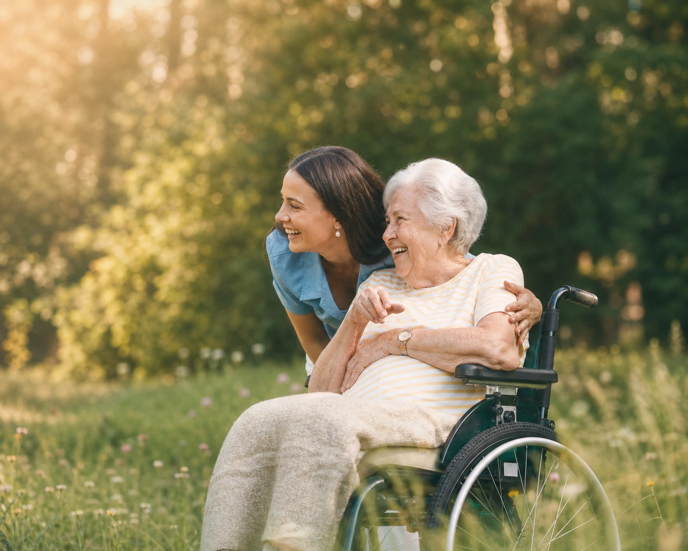 A caregiver beside an older adult, the human plus AI hybrid Chronilogix supports.